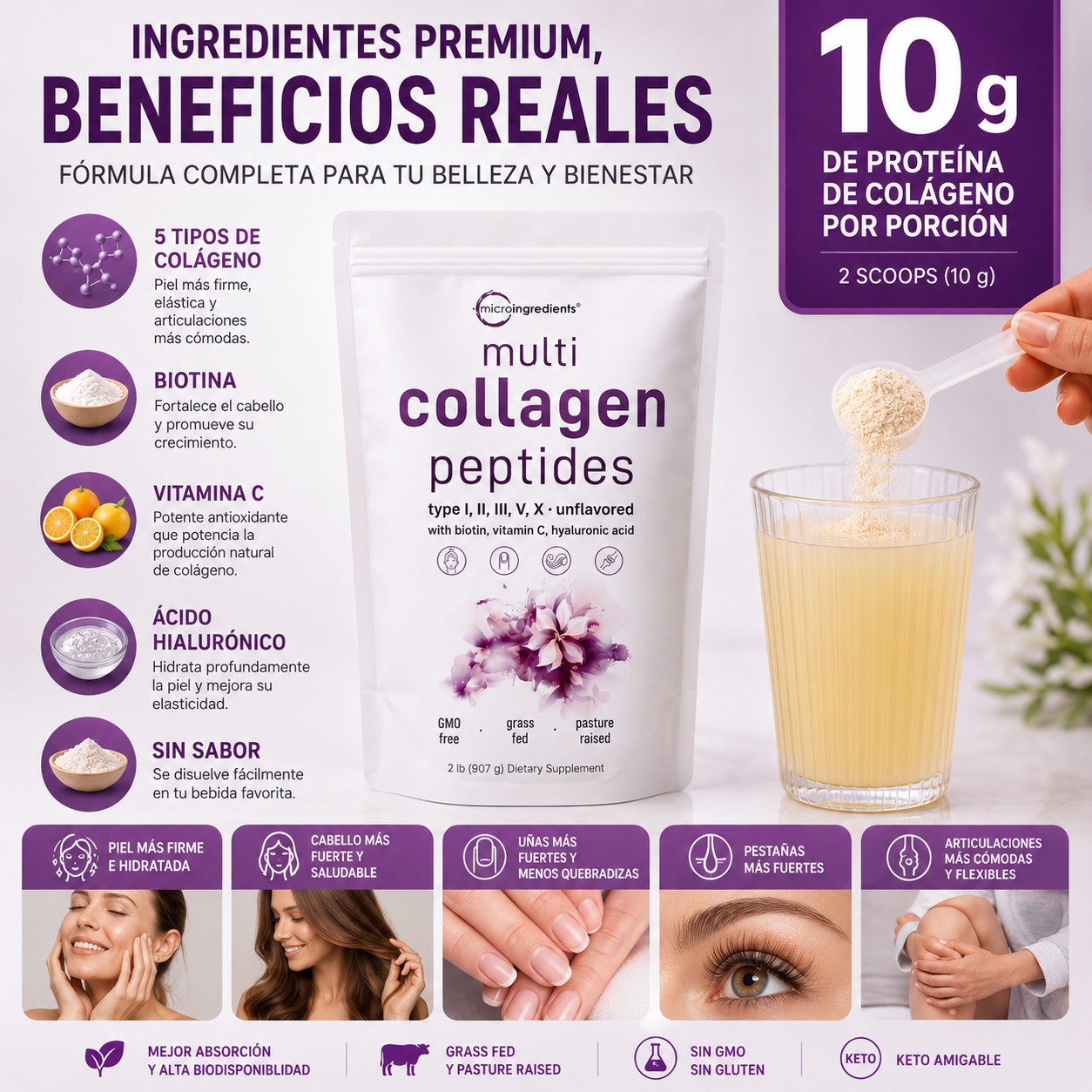 Collagen Peptides Multi 5 en 1, con Biotina, Vitamina C y Ácido Hialurónico