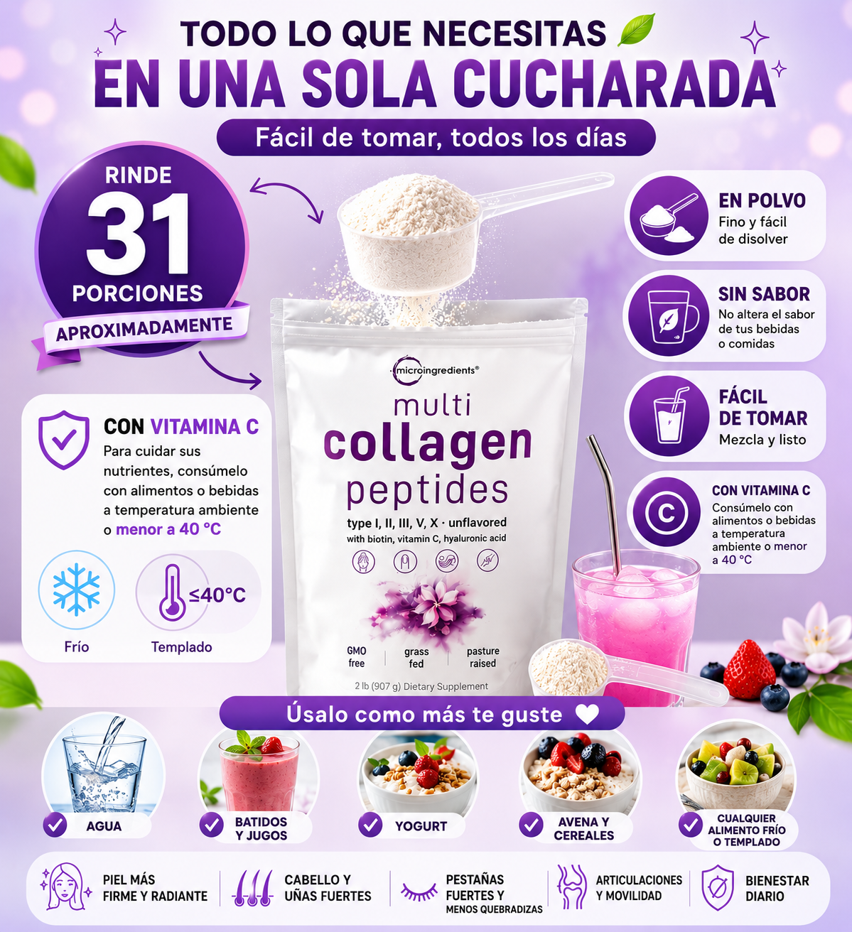 Collagen Peptides Multi 5 en 1, con Biotina, Vitamina C y Ácido Hialurónico